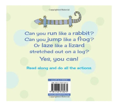 Children's book page with a lizard illustration and text on a light green background