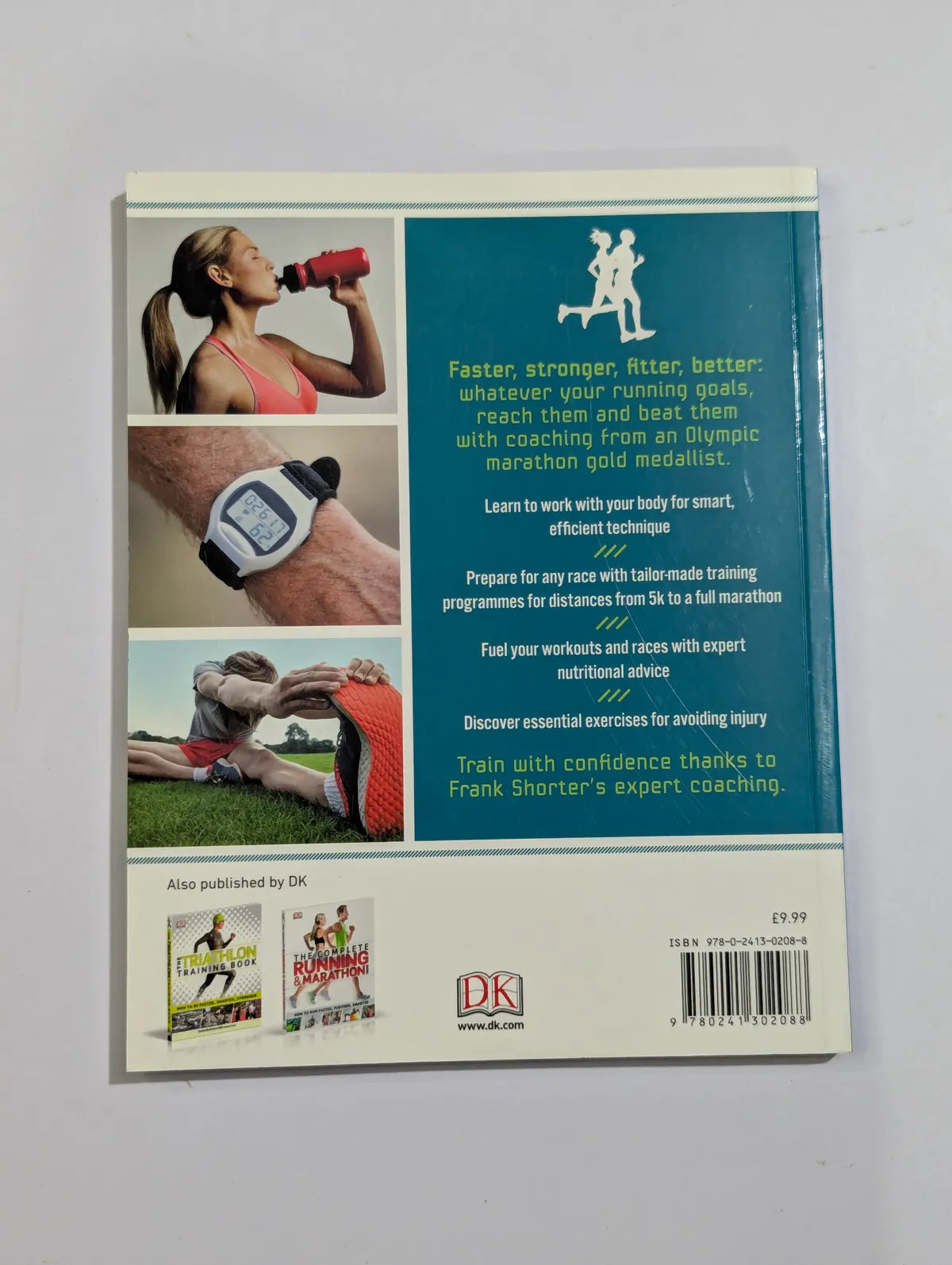 Back cover of a book with images of a runner and text about running coaching on a gray background