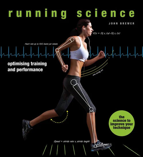 Book cover of 'running science' with a runner and scientific diagrams on a black background