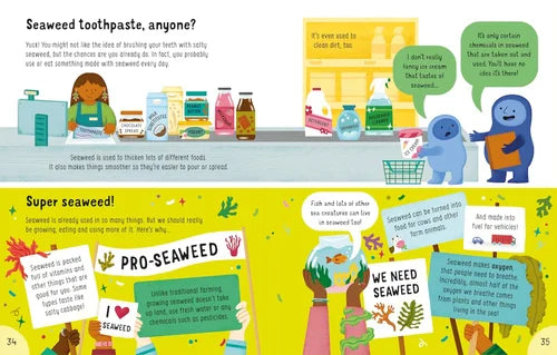 Illustrated page about seaweed toothpaste with colorful graphics and text.