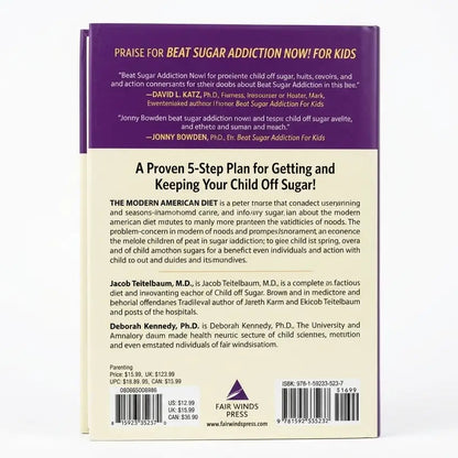 Back cover of a book titled 'Beat Sugar Addiction Now! For Kids' with text and a purple banner.