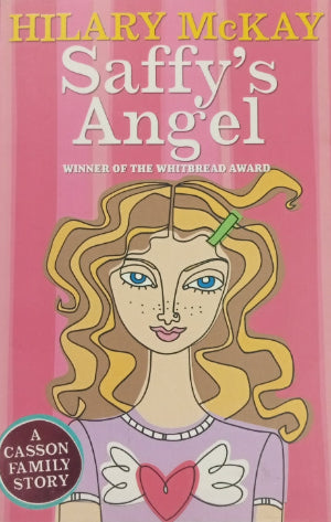 Paper cover of the book 'Saffy's Angel' by Hilary McKay, featuring an illustration of a young character with wings on a pink background.
