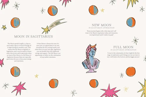 Illustrated page about moon phases in Sagittarius with colorful celestial designs.