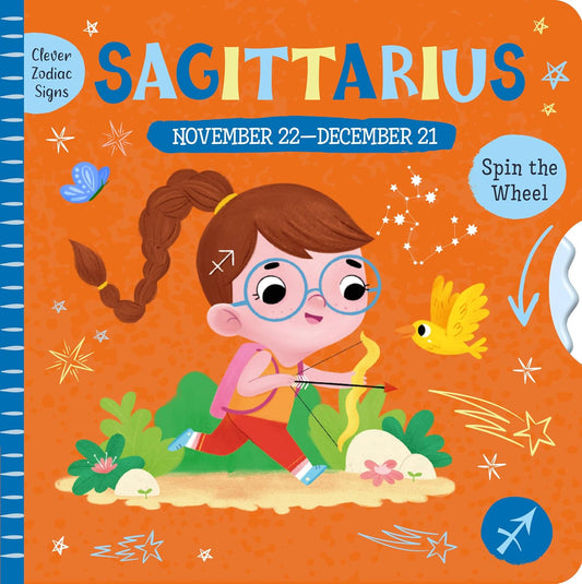 Book cover of 'Clever Zodiac Signs' featuring Sagittarius with a child and zodiac symbols.