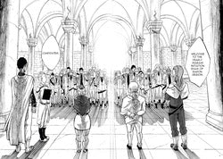 Illustration of a crowded room with people in a classical architecture setting