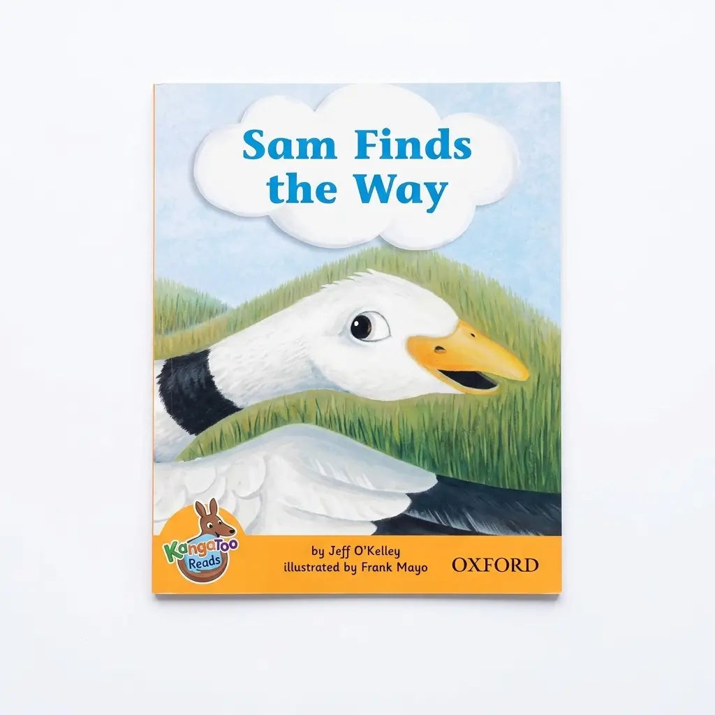 Children's book titled "Sam Finds the Way" with an illustrated duck on the cover, shown against a plain white background. The cover includes the Oxford logo and a Kangaroo Books badge.