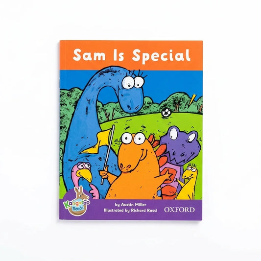 Children's book titled "Sam Is Special" with a colorful illustrated cover showing cartoon dinosaurs in a grassy landscape. The cover has an orange title band, a blue sky, green hills, and a purple author band, with the Penguin Random House and Oxford logos visible.