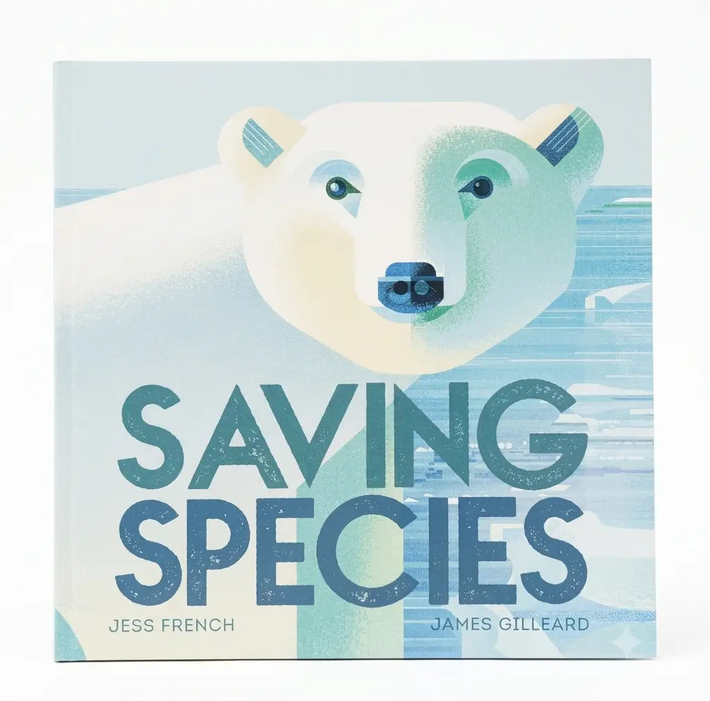 Children's book cover titled 'Saving Species' by Jess French and James Gilleard, featuring a stylized polar bear illustration in pale blue and cream tones.