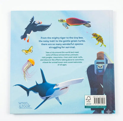 The back cover of a children's book titled 'wren & cock' against a white background. The cover features a light blue background with various colorful illustrations of animals, including a penguin, turtle, jellyfish, shark, gorilla, and butterfly, along with descriptive text.