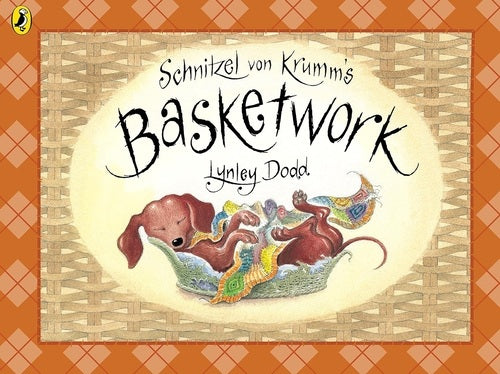 Book cover of 'Schnitzel von Krumm's Basketwork' with a dog illustration on an orange patterned background.