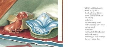 Illustration of a dog with a baby blanket and text on a white background