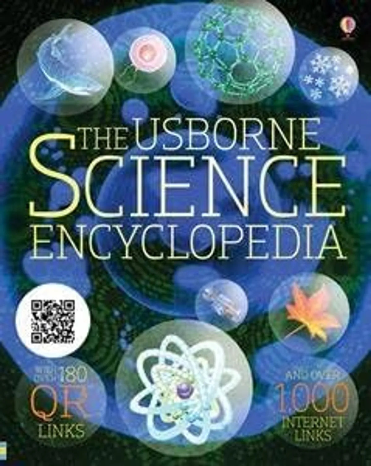Book cover of 'The Usborne Science Encyclopedia' with scientific illustrations and QR code.