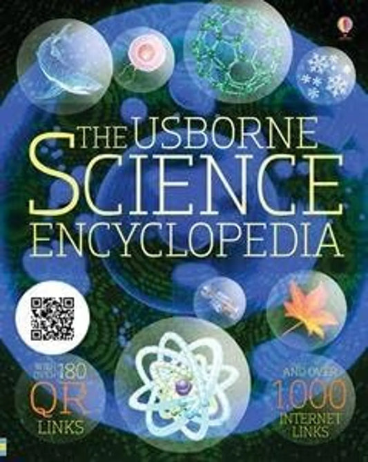 Book cover of 'The Usborne Science Encyclopedia' with scientific illustrations and QR code.