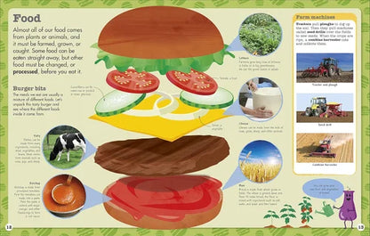 Educational page about food and farming with a hamburger illustration and text.