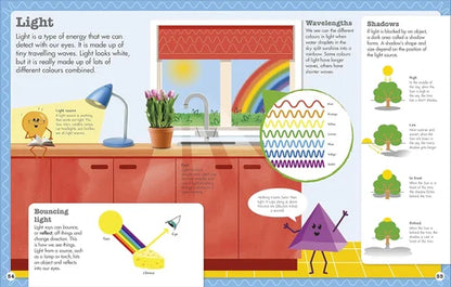 Educational illustration about light with colorful graphics and text.