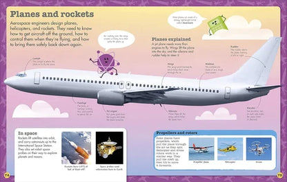 Educational illustration about planes and rockets with a focus on an airplane.