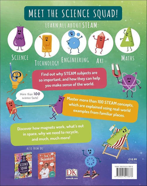 Back cover of a book introducing the 'Science Squad' with colorful characters and text about STEAM subjects.