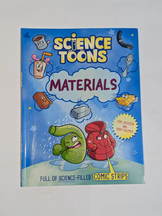Book titled 'Science Toons Materials' with cartoon characters on a blue background