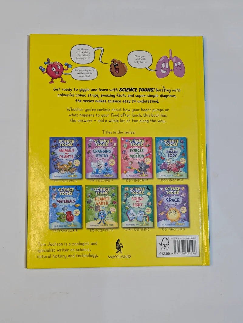 Back cover of a book with colorful illustrations and text on a yellow background