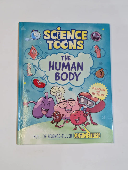 Book titled 'Science Toons: The Human Body' with cartoon characters on a blue background