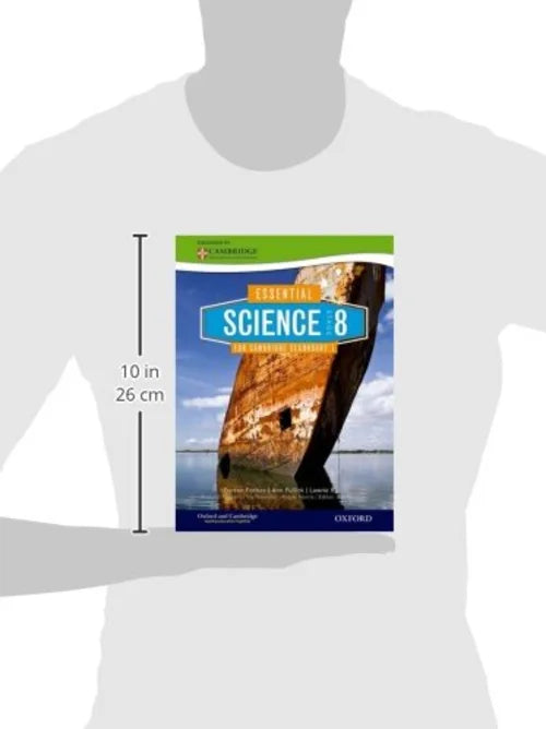 Book titled 'Essential Science 8' held by a person to show size.
