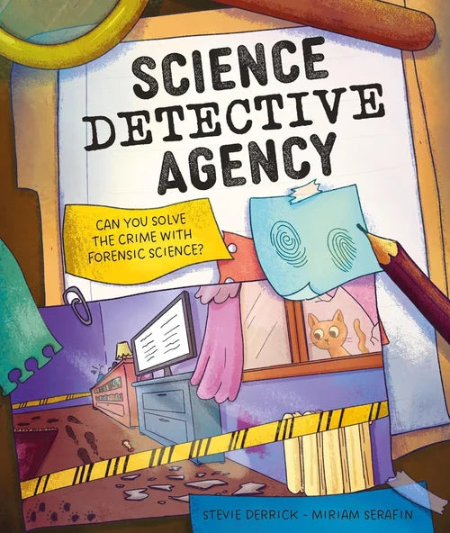 Book cover of 'Science Detective Agency' with a magnifying glass and forensic evidence.