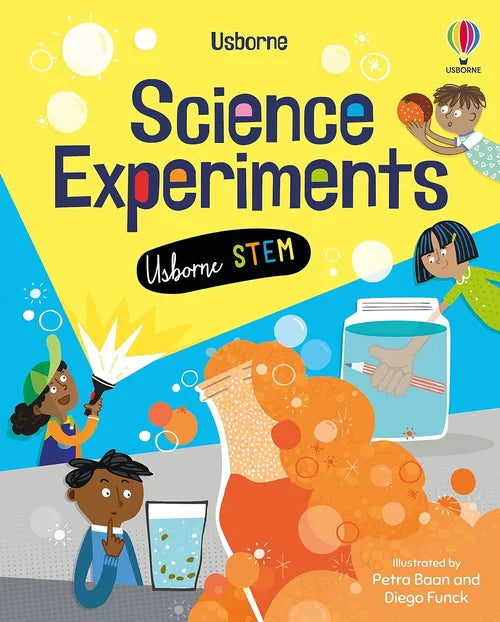 Book cover of 'Science Experiments' by Usborne with colorful illustrations of children conducting experiments.