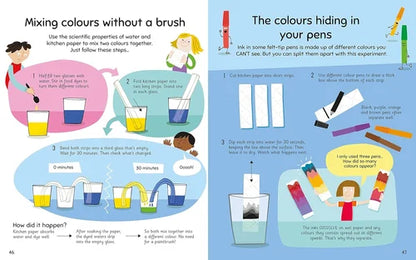 Two pages from a children's book about mixing colors without a brush, featuring illustrations and text.
