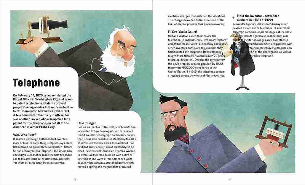 Illustrated book page about the telephone with historical figures and text.