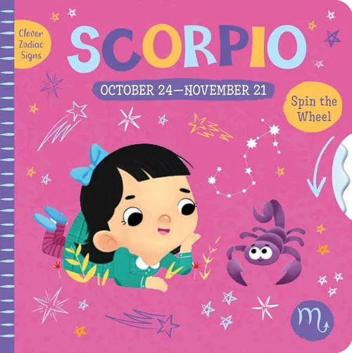 Scorpio zodiac sign book cover with a girl and spider illustration on a pink background