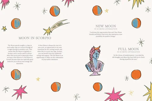 Illustrated page about astrology with celestial bodies and a figure in a hat.