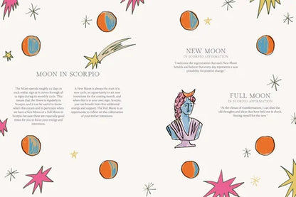 Illustrated page about astrology with celestial bodies and a figure in a hat.