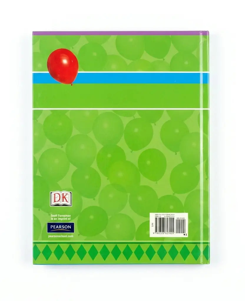 A hardcover book with a green balloon pattern cover, featuring a red balloon illustration, DK and Pearson logos, and a barcode on a white background.
