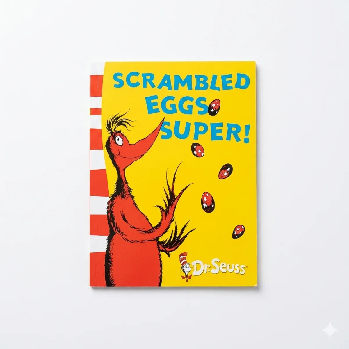 Book cover of 'Scrambled Eggs Super!' by Dr. Seuss with a red character on a yellow background.