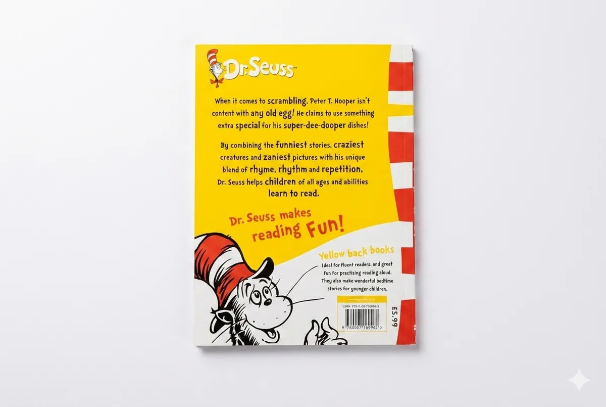 Back cover of a Dr. Seuss book with yellow and red design