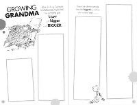 Illustration of a cartoon character looking at a drawing of a growing grandma, with text about the character's grandmother getting bigger.