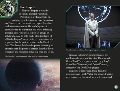 Star Wars-themed image with text about the Empire and Emperor Palpatine, featuring a character in a cape and helmet.