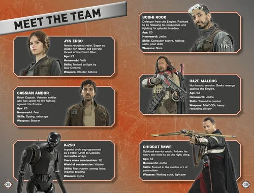 Character profiles of a team on an orange background