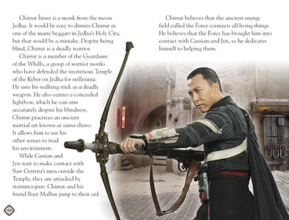 Character holding a bow with descriptive text about their beliefs and actions.