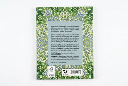 Book back cover with decorative green pattern and text on a white background