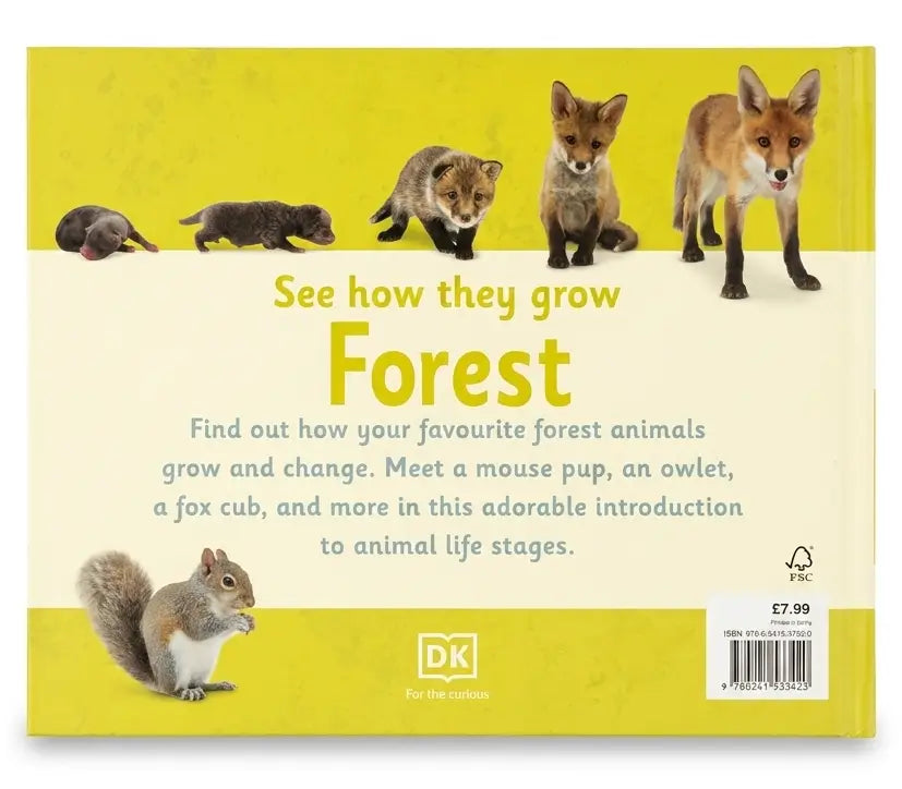Book cover of 'See how they grow Forest' by DK with illustrations of forest animals on a yellow background.