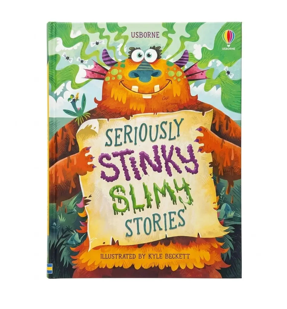 Usborne's 'Seriously Stinky Slimy Stories' children's book featuring a colorful cartoon monster holding a scroll with the title, set against a plain white background.