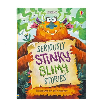 Usborne's 'Seriously Stinky Slimy Stories' children's book featuring a colorful cartoon monster holding a scroll with the title, set against a plain white background.