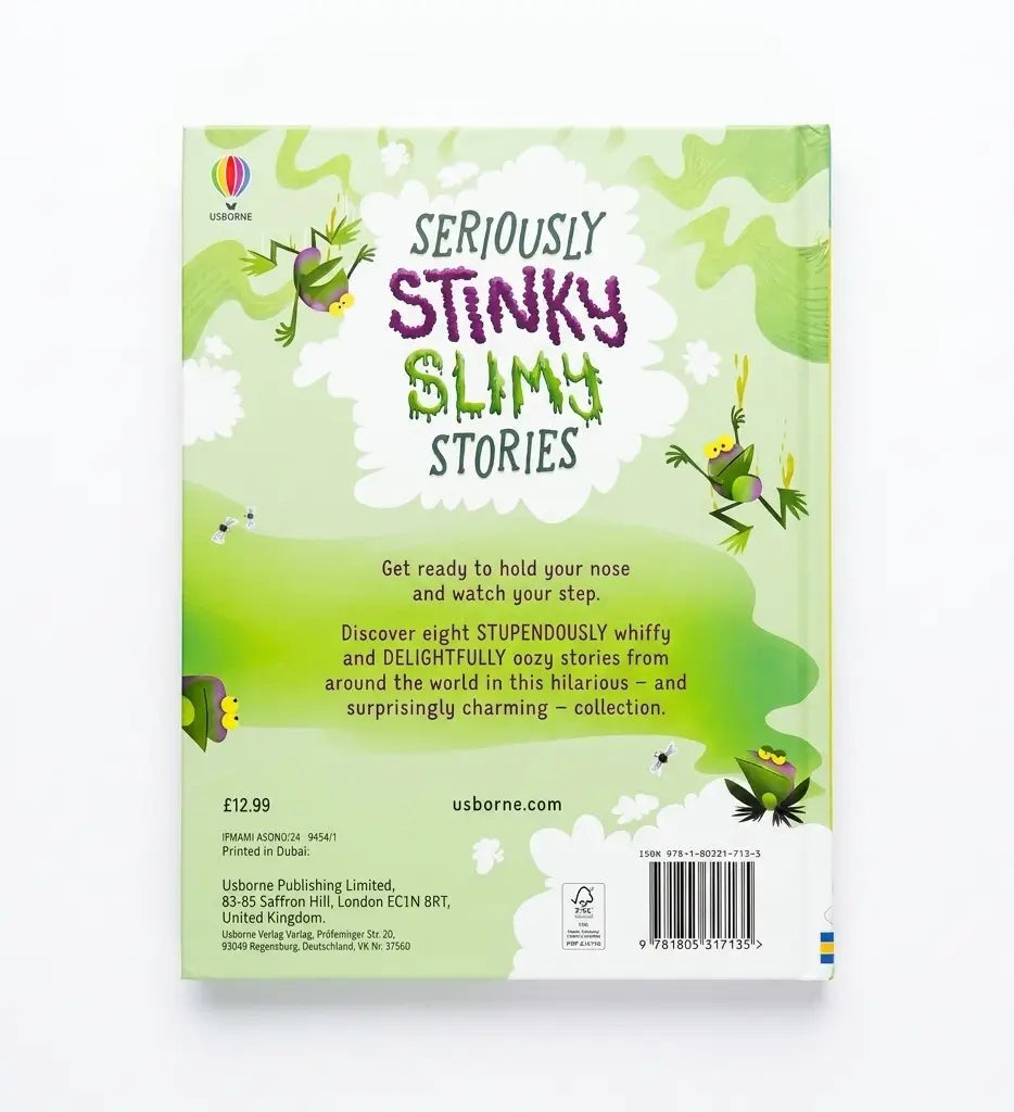 The back cover of the book 'Seriously Stinky Slimy Stories' by Usborne, featuring a light green and white camouflage pattern with cartoon illustrations of green slimy frogs and a yellow fly, set against a plain white background.