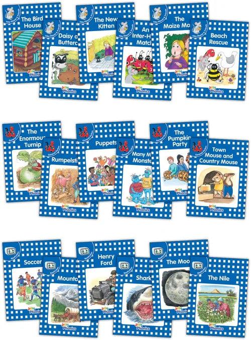 Collection of children's books with colorful covers and illustrations on a blue checkered background