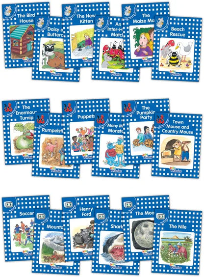 Collection of children's books with colorful covers and illustrations on a blue checkered background
