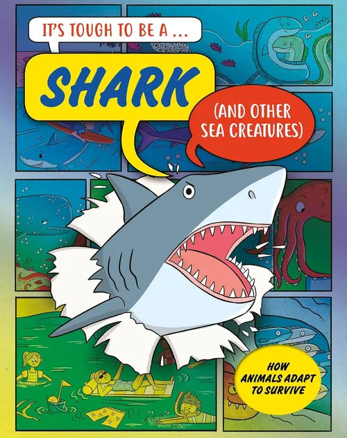 Book cover of 'It's Tough to Be a Shark' with a cartoon shark and sea creatures.