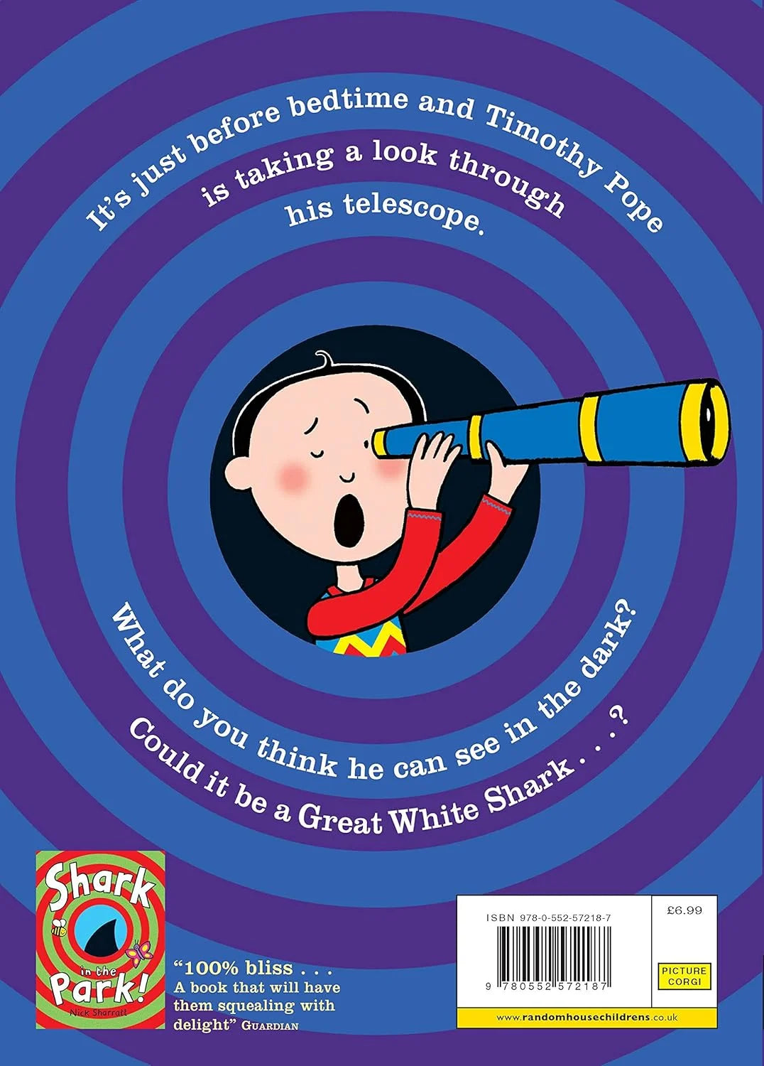 Book cover with a child looking through a telescope against a purple spiral background, featuring text and a Shark Park logo.