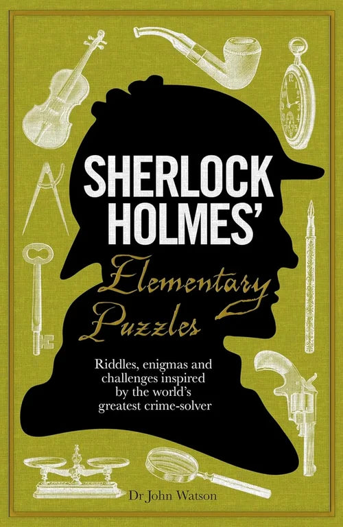 Book cover of 'Sherlock Holmes' Elementary Puzzles' with silhouette and vintage objects on a green background