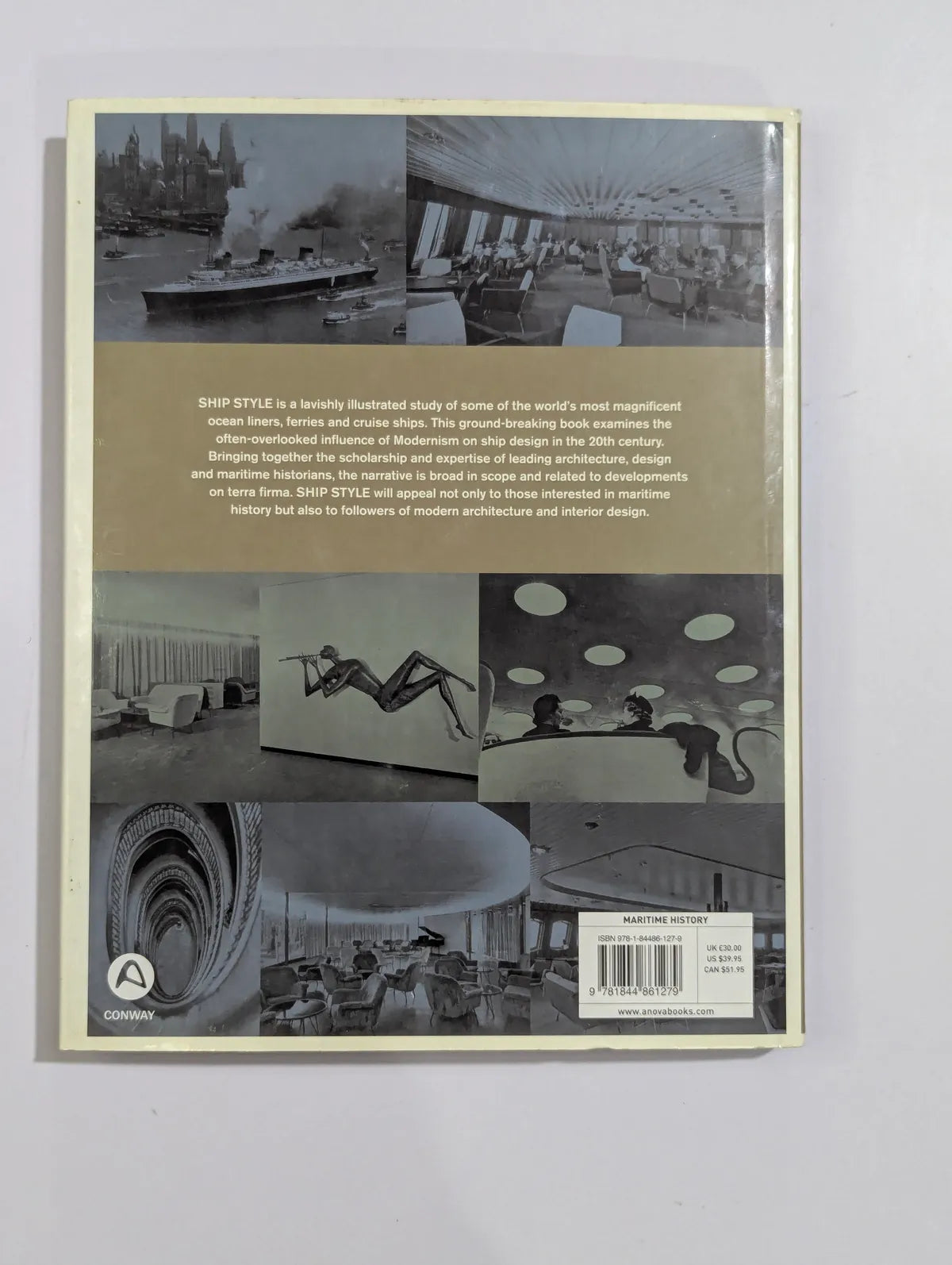 Back cover of a book with black and white images and text on a gray background